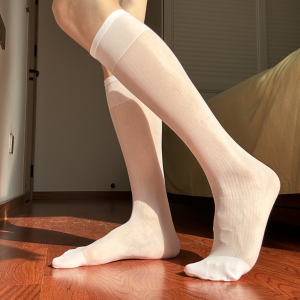 VCH Translucent Men Thin Dress Tube Socks Stripe Sheer Solid Color Business Stockings Formal Hosiery Business