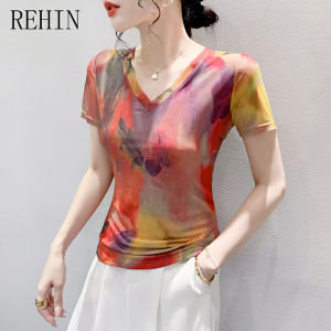 REHIN European-style summer fashion mesh printed short-sleeved T-shirt V-neck slim-fit S-3XL trendy top with floral pattern