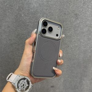 Leather Phone Case for iPhone 17 16 15 Pro Max Luxury Silver Plating Bumper Shell Matte Protective Full Coverage Cover