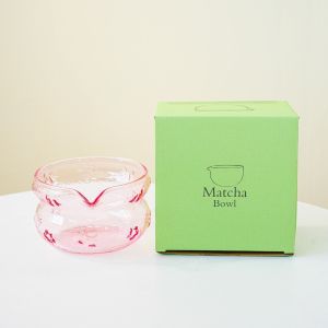SEMATTI Glass Matcha Bowl Bowknot Pink Matcha Making Kit with Pouring Spout Japanese Tea Set Tea Lovers