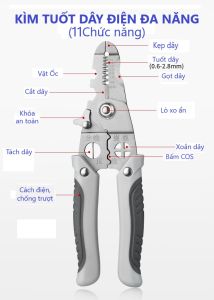 Kìm tuốt dây điện đa năng 11 trong 1 Kìm điện đa năng Thép gió HSS tước dây 4mm Lò xo ẩn - Loại tốt - Bản nâng cấp