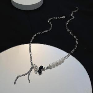 KHALISA NECKLACE - Kalung Wanita Rantai Silver Kombinasi Pearl Mutiara Manik Simple Aesthetic Adjustable Aksen Liontin Bow Black Zircon Butterfly Perhiasan Aksesoris Fashion Korean Style kekinian [I3-5]