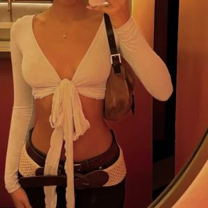 Solid Slim Lace Up Leisure Shirts Long Sleeves V-neck Chic Basics Clothes Y2K Streetwear Casual Tops for Women