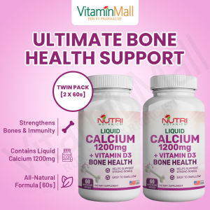 TWIN PACK - Nutri Botanics Liquid Calcium 1200mg + Vitamin D3 Bone Supplement - 60 Liquid Filled Softgels - Maintain Bones Teeth & Immune Health