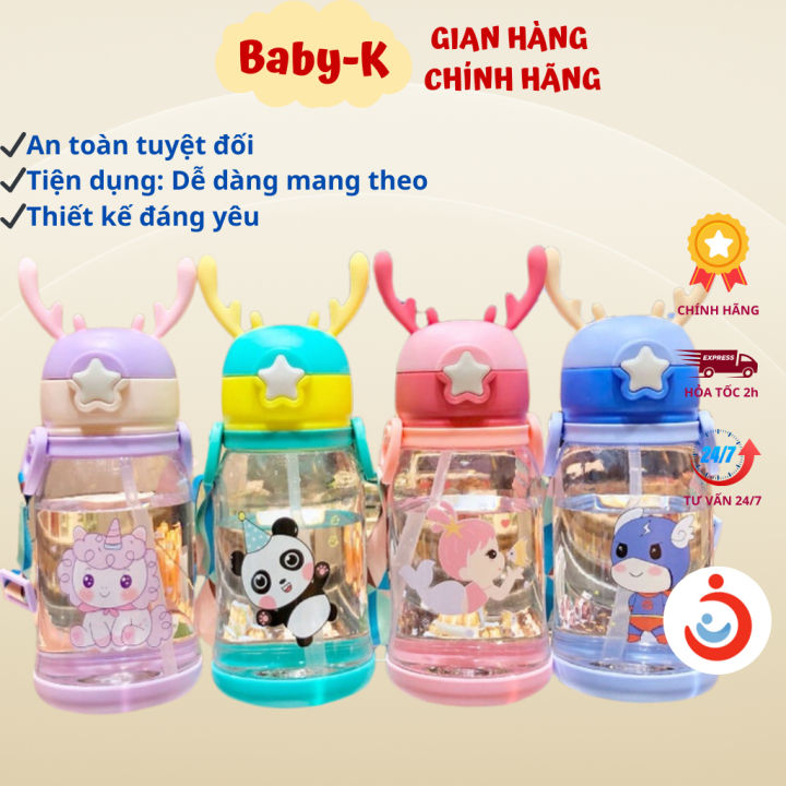 Bình nước cho bé sừng hưu 600ml kèm quai xách tiện nơi mang đi gắp nơi ...