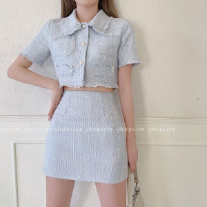 High Quality Female Elegant Skirt Suit 2020 New Fashion Tweed Two Piece Set Women Crop Top Mini Skirt Set Two Piece Outfits