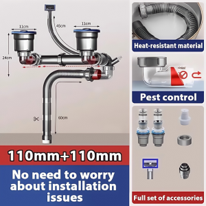 Sincecu Double sink drain pipe with stainless steel filter cup and hose odor-proof and insect-proof