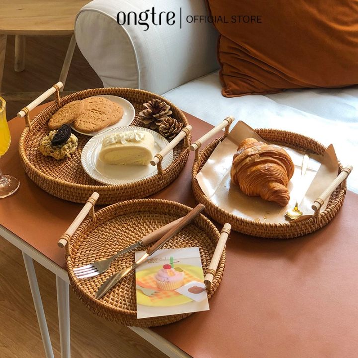 Khay mây tròn có tay cầm ONGTRE đựng đồ, trang trí tiệc, decor chụp ảnh ...