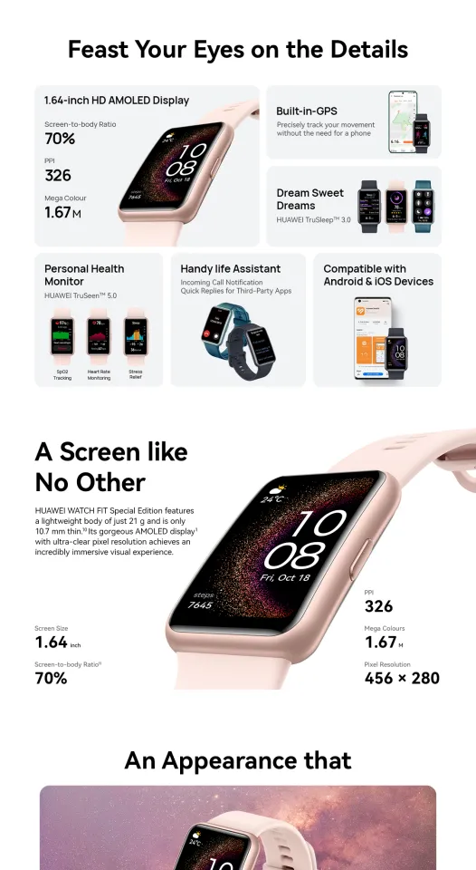 HUAWEI WATCH FIT Special Edition Smartwatch HD AMOLED Display  Active Health Management Built-in GPS Free Shipping