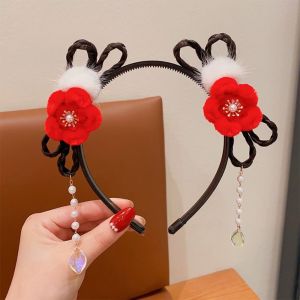 CHICNOOK สไตล์จีนจีน ห่วงผม Hanfu ที่คาดผมเด็ก ของเก่าแบบโบราณ ผ้าโพกศีรษะปีใหม่ แบบดั้งเดิมดั้งเดิม น่ารักน่ารักๆ ที่คาดผมพู่ดอกไม้