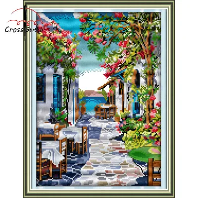 Flower Street 4 Cross Stitch Complete Set With Pattern Printed Unprinted Aida Fabric Canvas 11CT 14CT Stamped Counted Cloth With Materials DIY Needlework Handmade Embroidery Home Room Wall Decor Sewing Kit