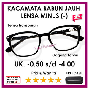 NEW- Kacamata Minus Pria Dan Wanita - Frame Mika Warna Hitam Lensta Transparant - Ready Ukuran (-)0.50 Sampai (-)4.00 - Kacamata Kotak Rabun Jauh - Engsel Per Ujung Tungkai Lentur- FREE CASE - Kacamata Model Kekinian