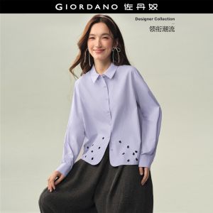 Giordano Women Petal-cutout hem long sleeve cotton shirt Free Shipping 18346623