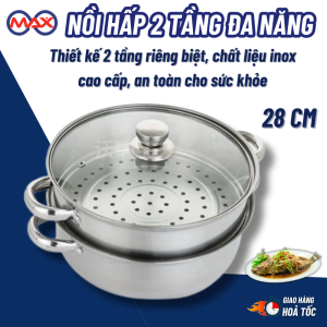 Nồi hấp inox 2 tầng nồi hấp 2 tầng 28cm đa năng nồi có nắp kính sang trọng dùng được cho mọi loại bếp