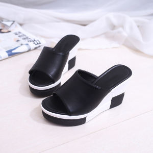 [Free Shipping] New Summer Womens Thick-Soled Platform High-Heel Solid Color Wedge Comfortable Slide Sandals