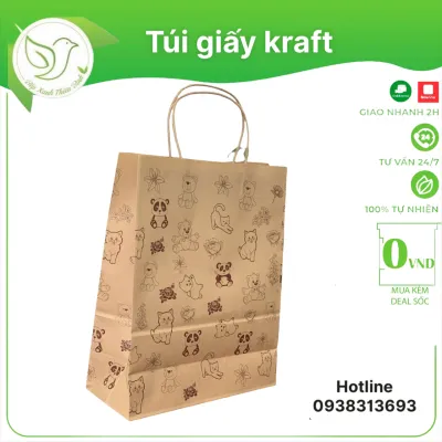 10 Túi đựng quà in hình dễ thương túi giấy Kraft có quai chắc chắn bền bỉ an toàn với môi trường
