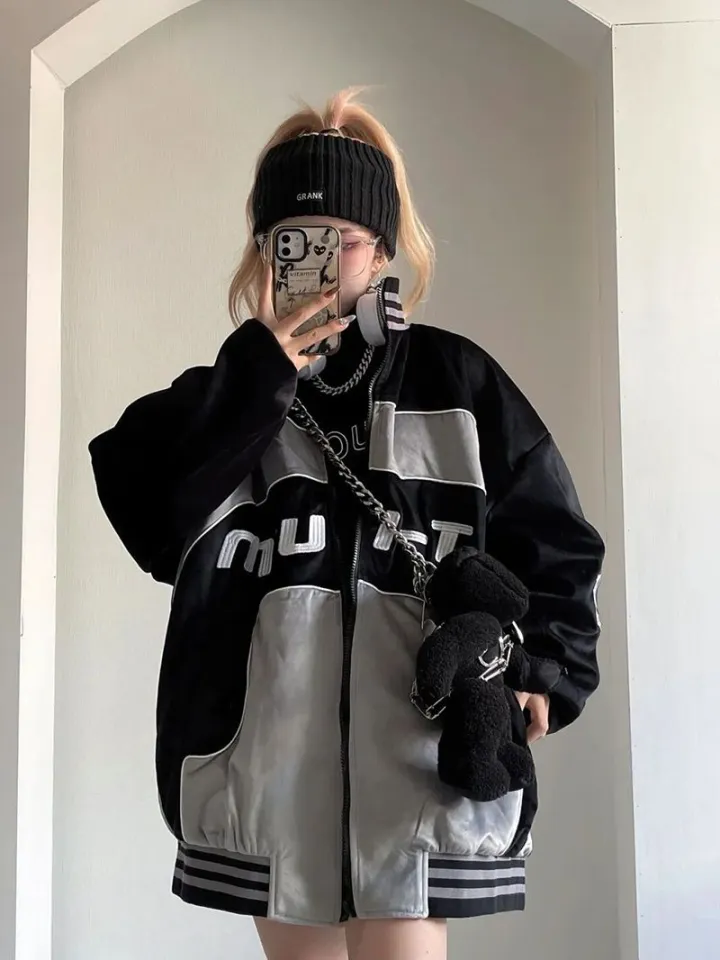 Y2K Cyber Punk Black Baseball Jacket Women Hip Hop Techwear