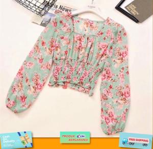 Godwin Collection - Blouse Carelina Flow Blus Model Lengan Panjang Square Neck Motif Bunga Bahan Sifon