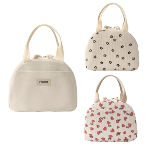 Cute Insulated Lunch Box with Corduroy Fabric Spacious Zippered Large Handbag for Office or Picnics Meals Carriers Bag