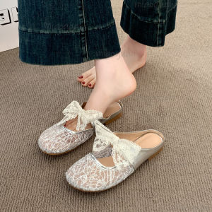 Flat Bottom Baotou Half Slippers Summer Women Shoes Causal Mesh Breathable Slip on Single Shoes Lace Bow Mules Sandals Slides