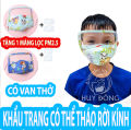 KHẨU TRANG VẢI CHỐNG BỤI MỊN PM2.5 - KÍNH BẢO VỆ MẮT CÓ THỂ THÁO RỜI - CÓ VAN THỞ- MÀNG LỌC 5 LỚP CHO BÉ. 