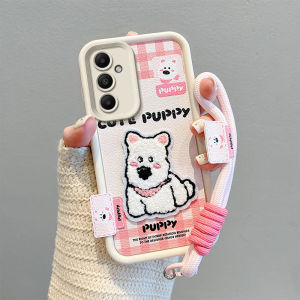 Leather pattern embroidered 3D phone case for Samsung Galaxy A54 A34 A24 A14 A53 A33 with hand strap design protects the camera cartoon pattern cute bear design