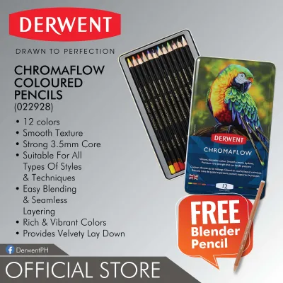 DERWENT Chromaflow Coloured Pencils | 12 Colors | In Metal Box | with FREE Blender Pencil | 2305856