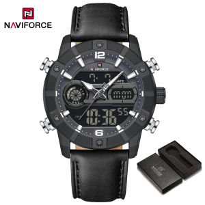 NAVIFORCE Original Fashion Watch for Men Dual Time Luminous Hands Quartz Movement Digital LCD Display Calendar Date Night Pattern Leather Strap Waterproof 30m Men Casual Business Fashion Watch Gift NF9263