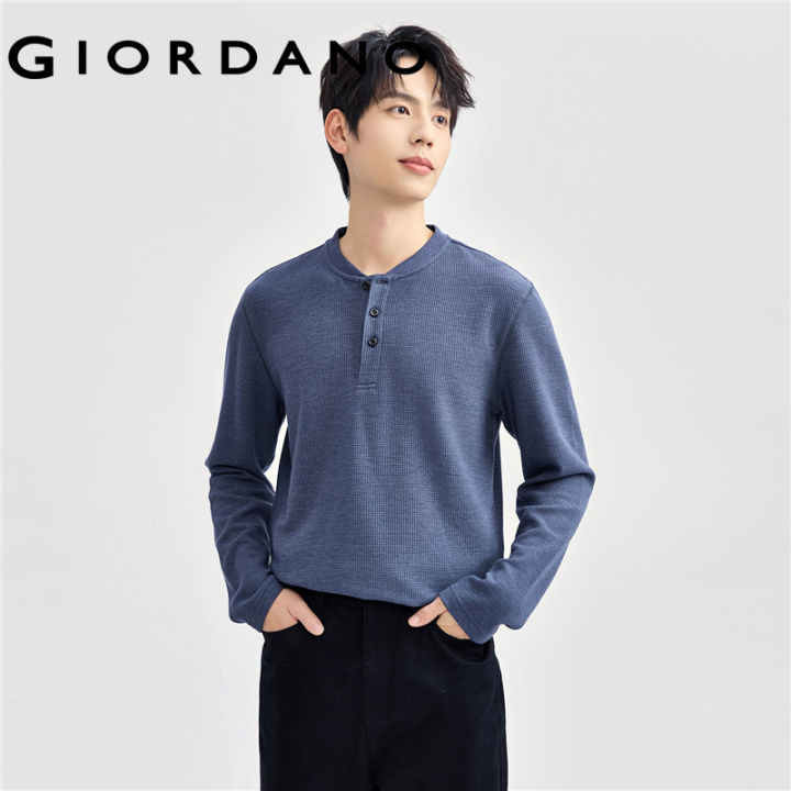 GIORDANO Men T-Shirts Henley Neck Solid Color Simple Basic