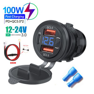 JBMBHC ช่องเสียบสายชาร์จรถ USB 3พอร์ต12V/24V USB-C สอง QC3.0ชาร์จเร็ว PD 20W สำหรับรถยนต์มอเตอร์ไซค์พร้อมโวลต์มิเตอร์และสวิทช์ไฟ