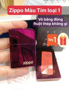 Bật Lửa Zippo Màu Tím loại trơn bóng in Logo Vỏ bằng đồng có tem đỏ