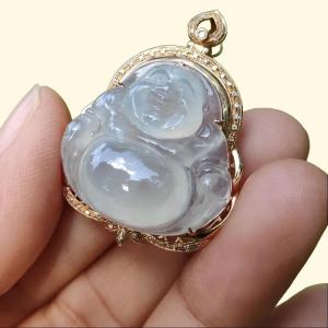 Premium Quality Icy Translucent Natural Type A Jadeite Jade crafted with Milo Buddha Set on 18k Gold as Pendant certificate weighs 6.48 grams measurement 34.1 * 26 * 11.6 mm (18kp61)