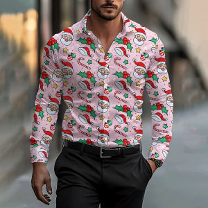 ZEEMIN 2025 Santa Claus Print Mens Shirt Autumn Long Sleeve Shirt Fashion Lapel Button Top European Size Men Clothing Christmas Shirts
