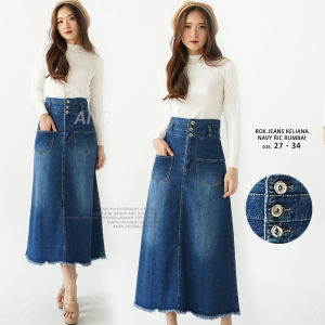 Skirt Midi Jeans Wanita Kancing Tiga - Rok Jeans Keliana RIC Rumbai - Rok Midi Jeans Wanita Jumbo