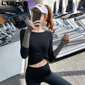 Luoke Contrasting Color Sports Long-sleeved Sport Wear Net Red Tight-fitting Thin Top Running Quick-drying T-shirt Stretch Sport Shirt Women