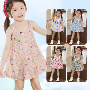 Kids Dress Girls Cute Korean Style Sleeveless Summer Dress Soft Cotton Silk Colorful Printing Elegant Princess Gown Style Perfect OOTD Pambahay Pang Gala for Baby Girls 0-12 Years outfit for Kids Girls