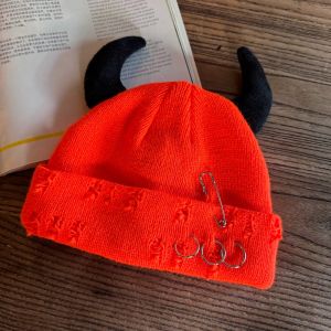 DOOUR With Devil Horns Winter Knitted Beanie Warm Pin Decoration Hip Hop Cap Personality Funny Dome Hat Men Women