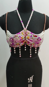 เสื้อสายเดี่ยวผ้าเดนิมสร้อยคาดลำตัวพู่ลูกปัดหลากสีจบการศึกษาสำหรับผู้หญิงชุดชั้นในแบบผูกคอชุดปาร์ตี้งานเทศกาลชายหาด