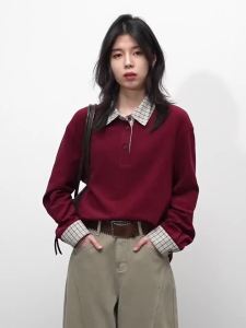 CHIC VEN Women T-Shirts Loose Casual New Color Block Plaid Splicing Long Sleeved Tees Red Collar Female Top Spring Autumn 20262026