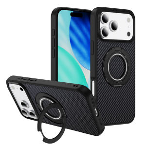 Designed for iPhone 17 Pro max 16 15 14 13 12 Case with 360° Magnetic Stand Carbon Fiber Phone Case [Compatible with Magnetic] [15FT Military Protection] with Stand Ring Black