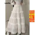 【SALE】 Lovito Casual Plain Ruffle Hem A-Line Midi Skirts for Women LNA10128 (White). 