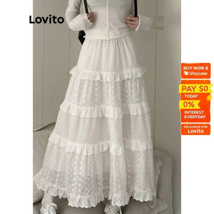 【SALE】 Lovito Casual Plain Ruffle Hem A-Line Midi Skirts for Women LNA10128 (White)