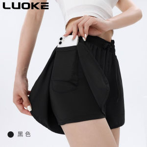 Luoke Womens sports shorts laser punched anti glare yoga pants outdoor casual running quick drying fitness double-layer shorts with pockets