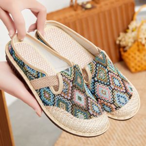 Free Shipping Thick-Soled WomenS Slippers For Outdoor Wear Linen-Style Vintage Student Slippers New Summer Breathable Soft-Soled Slippers Closed-Toe Shoes