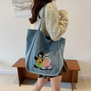 YISHA Large Capacity Double-sided Tote Bag Lightweight Cartoon Animal Women Canvas Bag Trendy Soft Denim Blue Handbag Summer
