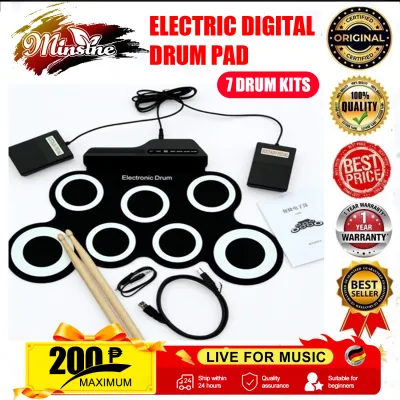 Minsine Digital Electronic Drum Compact Size USB Foldable Silicon Drums Set 7-Pad Drums Digital Drum Kits with Drumsticks Foot Pedals