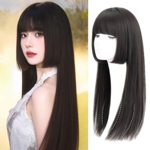 KINTHAZER Full Head Cover Princess Cut Bangs Cosplay Wig Synthetic Natural Looking Micro Curl Wig Cute Japanese Long Straight Hair Wig for Women