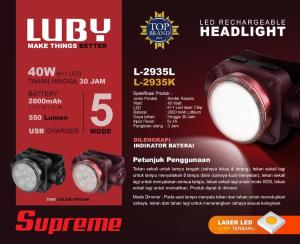 LUBY L-2935L Senter Kepala Led 40Watt Battery 2600Mah Tahan Hingga 30Jam Indikator Baterai Kuning