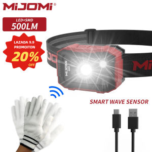Mijomi LED Headlamp H20 With Wave Motion Sensor Headlight Lightwight Head Light Type-C Torch Lamp500 lumens Flood light & Spot light Double LED Head Lamp60 Degree Adjustable Lighting H20 Flashlight for Camping RunningFishingHikingReading