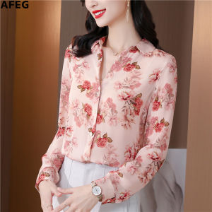 AFEG new Korean style shirt collar fashion loose wild all-match printed chiffon long-sleeved blouse for women